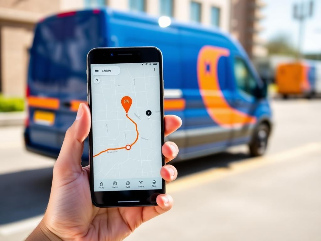 Telefoon met een bezorgroute op de kaart voor een bestelbus
