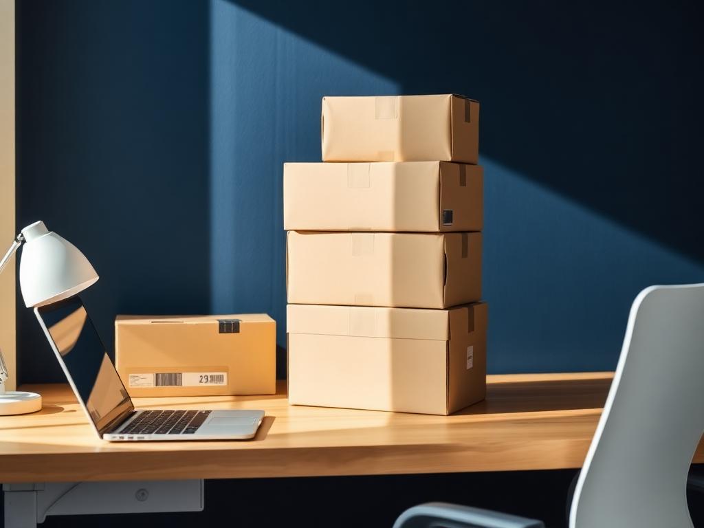 Stapel pakketten op een bureau naast een laptop